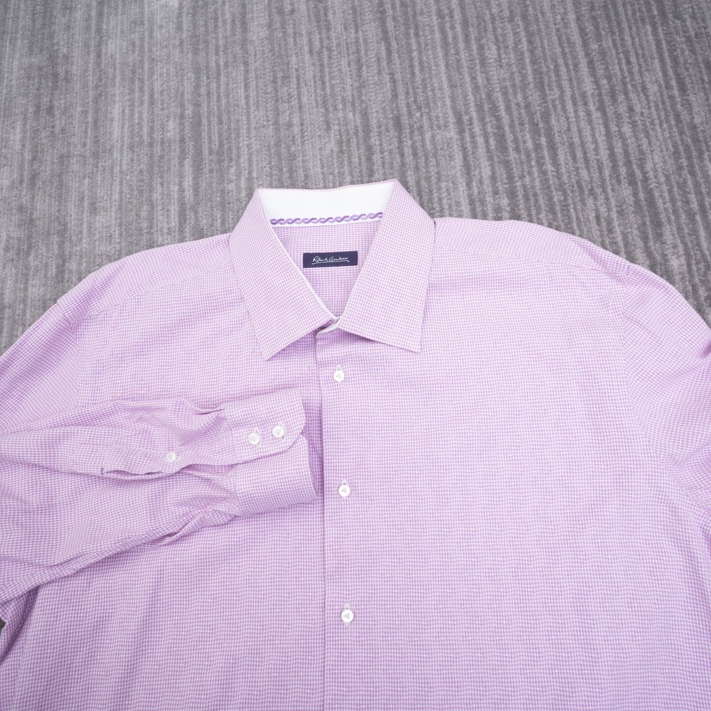 Robert Graham Men Purple White Micro Check Jacquard Button Up Shirt Size 18 46